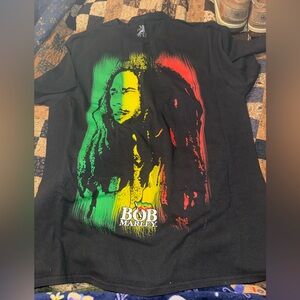 Zion Rootswear Bob Marley Black Tee with Red, Green, Yellow